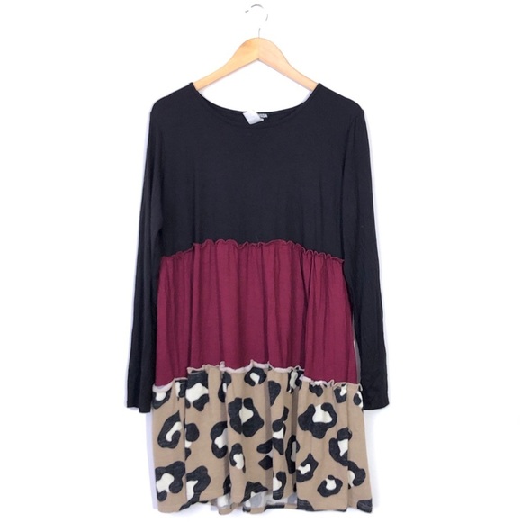 Heimlish USA Black Red Leopard Animal Print Ruffle Long Sleeve Babydoll Dress M - Picture 1 of 4